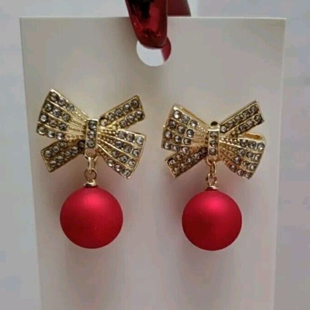 SALE CHRISTMAS ELEGANT RED ORNAMENT GOLD RHINESTONE BOW DANGLE EARRINGS